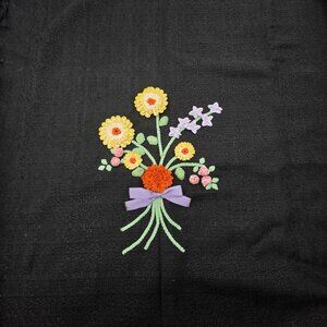 Vintage Hand Embroidered Applique Floral on Black Textured Fabric Shabby Cottage